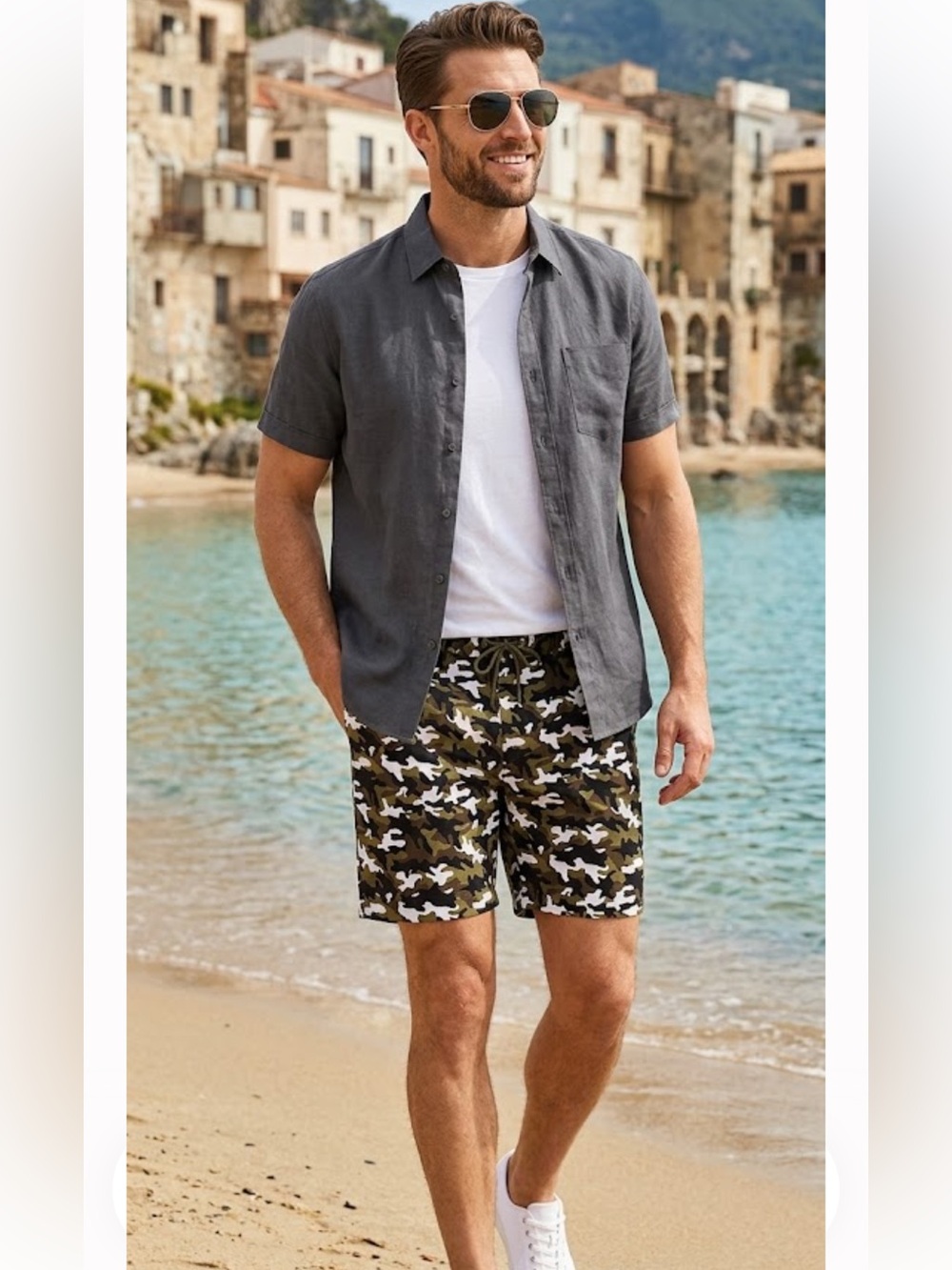 Michael Kors Men’s Camouflage Swim Trunks — Olive, Black, White